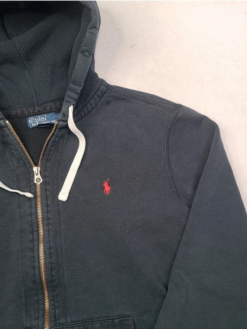 Vintage Polo Ralph Lauren Hoodie Mens 2XL Black Heavy Full Zip Thermal Fade Y2K